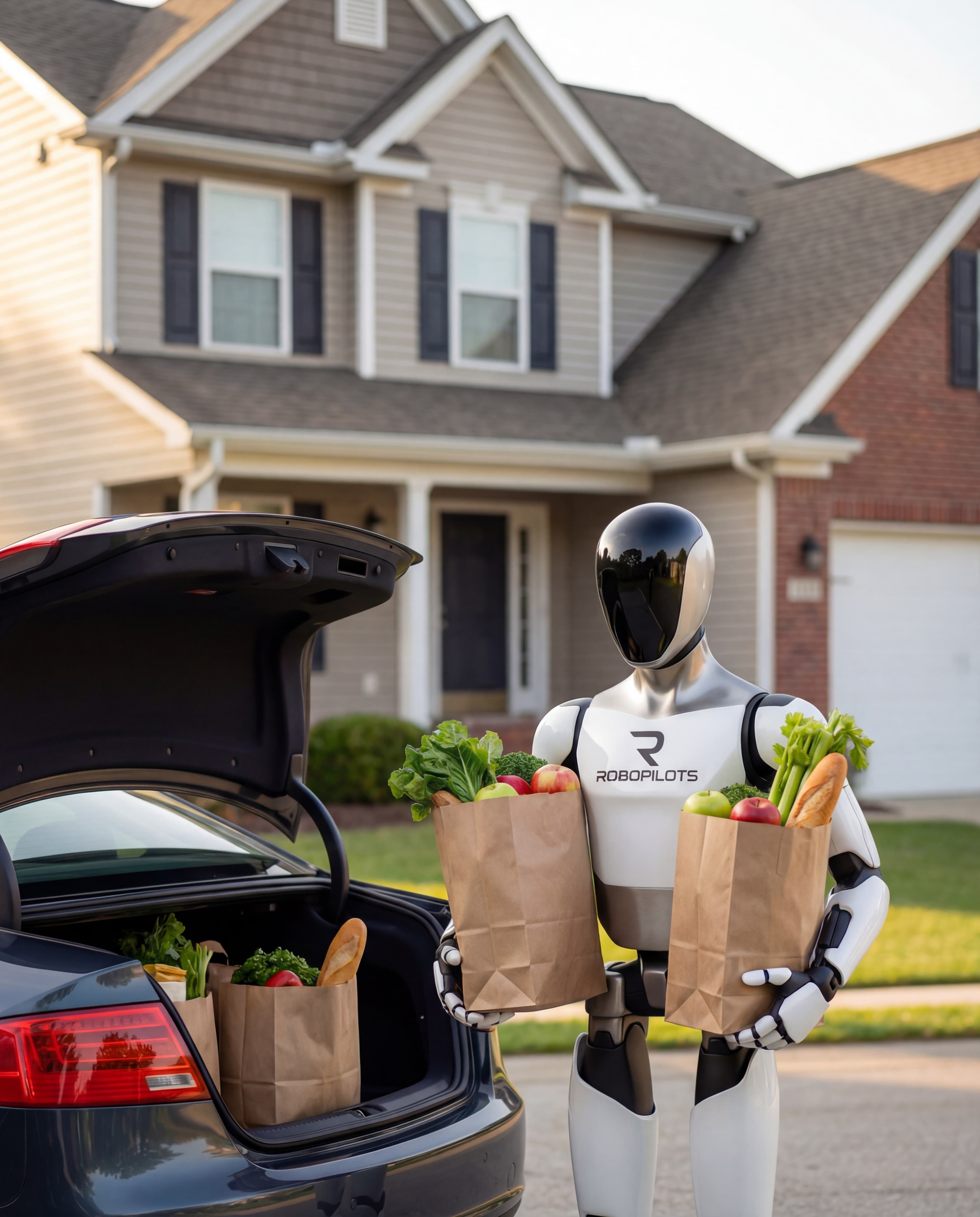 Humanoid robot unloading groceries from a car