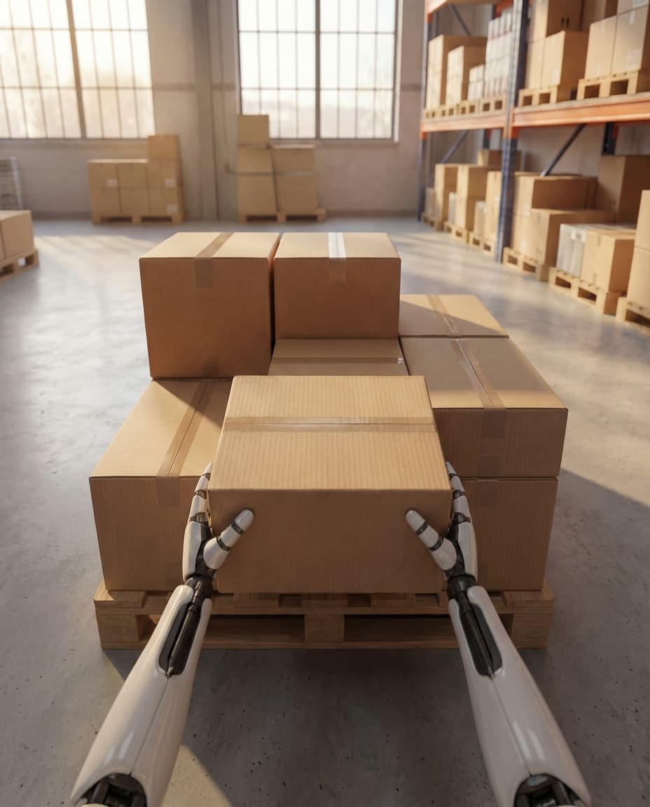 Robot arms handling boxes in a warehouse