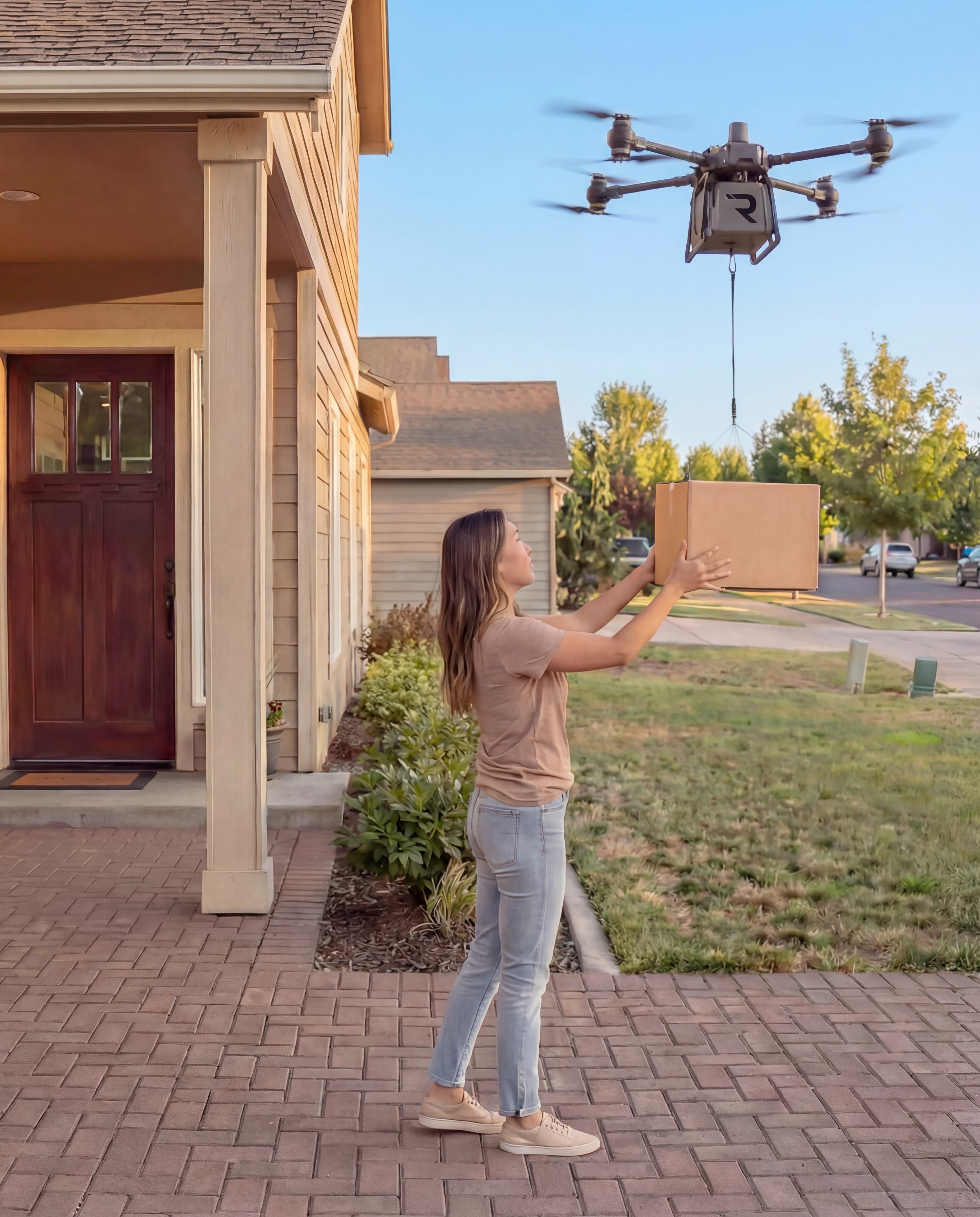 Woman receiving a drone delivery package