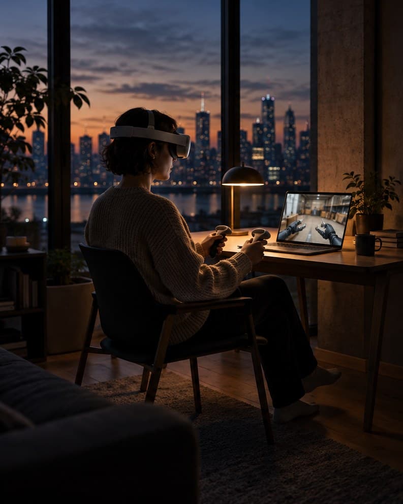En RoboPilot arbejder hjemmefra i skumringen med mixed reality-headset og styrer en robot fra en bærbar