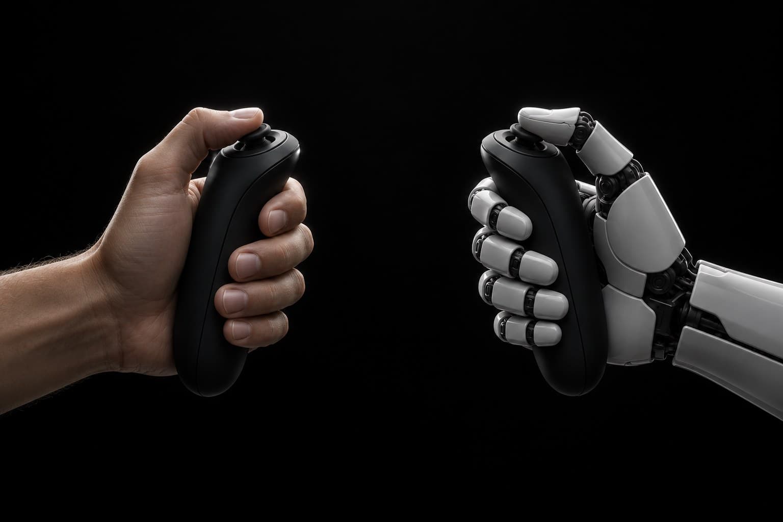 コントローラーを握る人間の手と、同じ握り方をまねるロボットの手